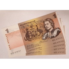 AUSTRALIA 1976 . ONE 1 DOLLAR BANKNOTES . KNIGHT/WHEELER . CONSECUTIVE FIVE